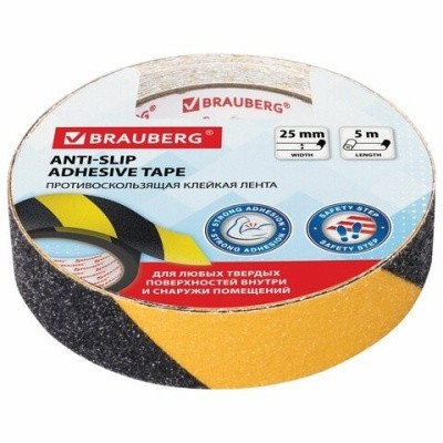 Лента клейкая, противоскользящая, зернистая 25ммх5м, ЧЕРНО-ЖЕЛТАЯ, BRAUBERG 606773