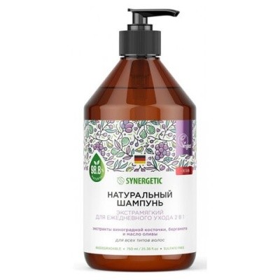 Шампунь "Для ежедневного ухода 2В1", 750мл SYNERGETIC (с дозатором, бессульфатный)