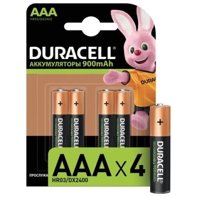 Батарейки аккумуляторные КОМПЛЕКТ 4 шт., DURACELL, AAA (HR03), Ni-Mh, 900mAh, блистер, 453568