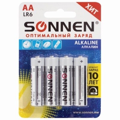 Батарейки КОМПЛЕКТ 4 шт., SONNEN Alkaline, АА (LR6, 15А), пальчик., блистер, 451085  Батарейки КОМПЛЕКТ 4 шт., SONNEN Alkaline, АА (LR6, 15А), пальчик., блистер, 451085