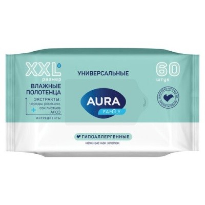 Полотенца влажные (60шт/уп), БОЛЬШИЕ XXL 17х27см, AURA "Family" 60656 117682
