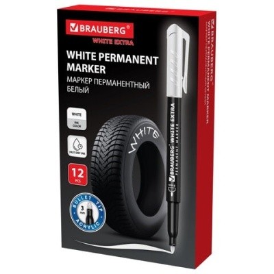 Маркер перманентный BRAUBERG WHITE EXTRA, БЕЛЫЙ, круглый наконечник 3мм, 152488